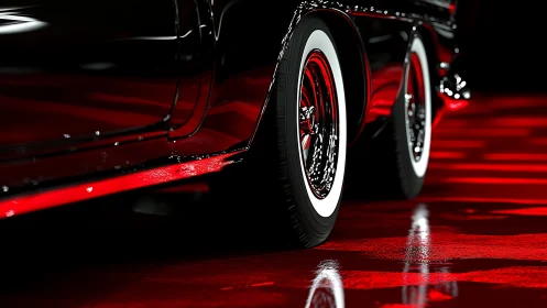 Close low-angle view of classic car wheels and bodywork.