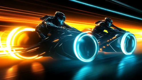 Futuristic neon light cycles racing at high digital speed.