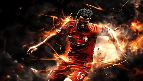 Fiery soccer star charging forward with unstoppable energy.