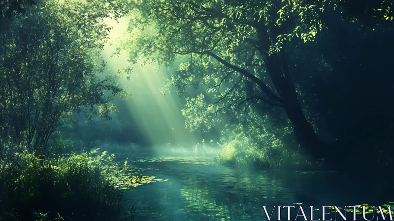 Sunlit forest river glows softly in a tranquil emerald haze