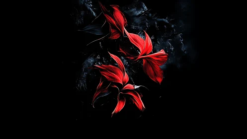 Luminescent Scarlet Blossoms Against Deep Void Background.