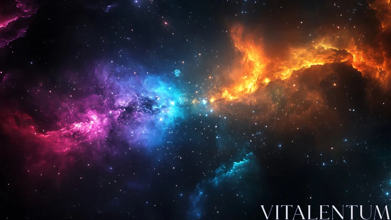 Nebula rift ignites cosmic blues, ember clouds, and starlight.