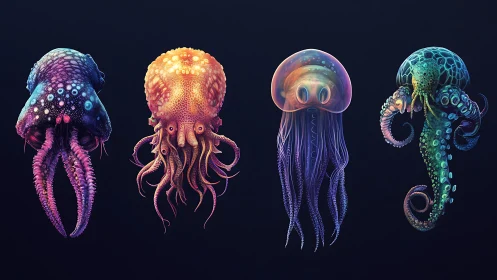 Bioluminescent cephalopod lineup glows in neon hues.