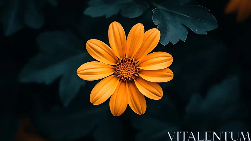 Vibrant Orange Flower Against Dark Teal Foliage.