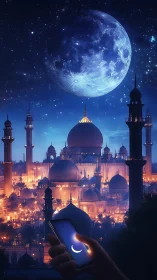 Large moon dominates night skyline above illuminated domed mosque city