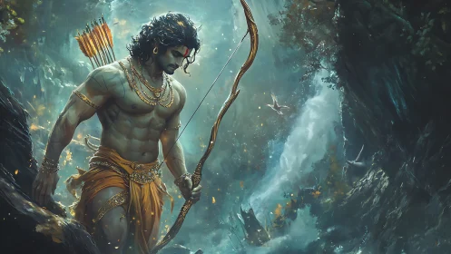 Mythic archer strides through luminous enchanted ravine.