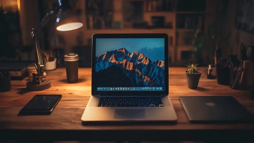 Calibrated laptop workstation under warm task lighting glow.