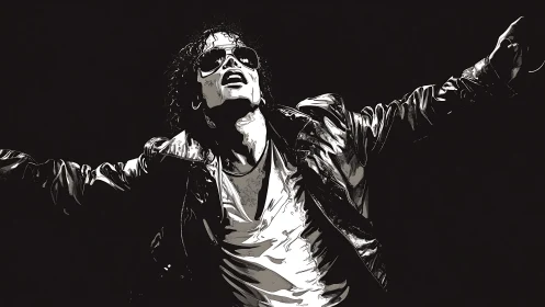 Monochrome illustration of singer in leather jacket pose.