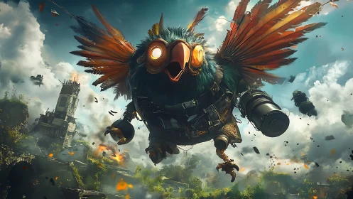 Mechanical bird with weapons over ruined urban landscape.