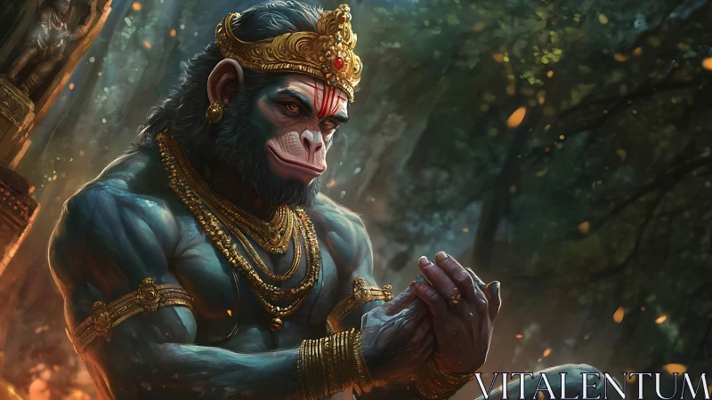 Divine monkey warrior in jeweled crown amid glowing forest.