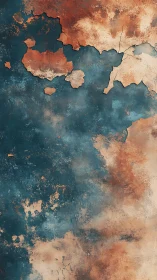 Weathered teal and rust wall surface shows peeling textured paint