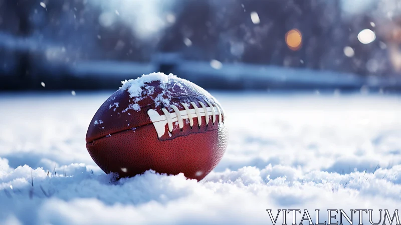 Photorealistic football close-up in shallow-focus snowfield.