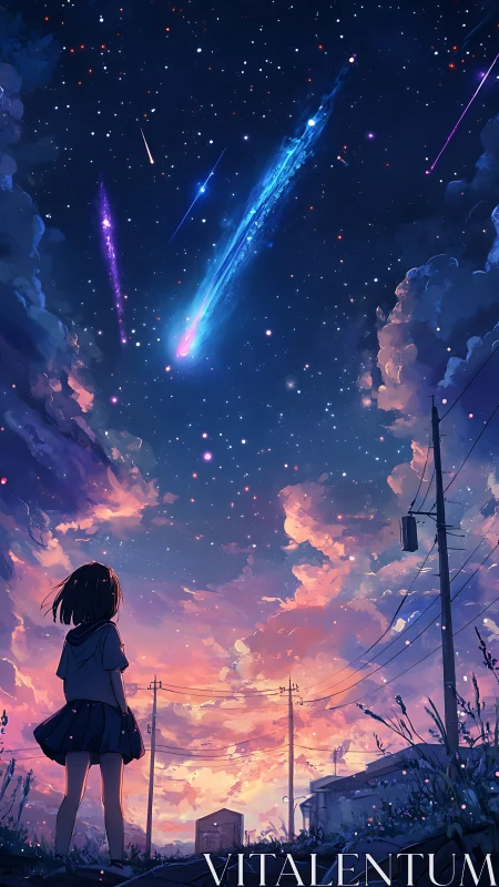 Girl observing meteor shower over dusk lit suburban sky.
