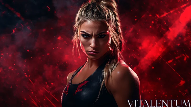 Athletic woman stares intensely against red smoke background