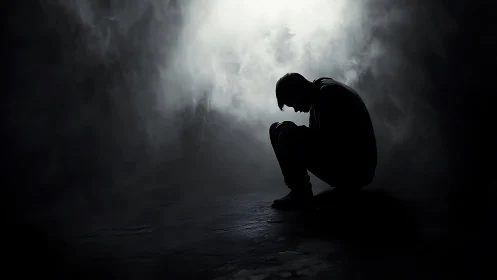 Silhouetted figure crouching in darkness under lone light beam.