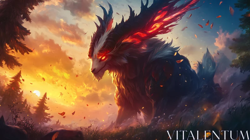 Twilight forest crowns a ember-horned guardian between worlds