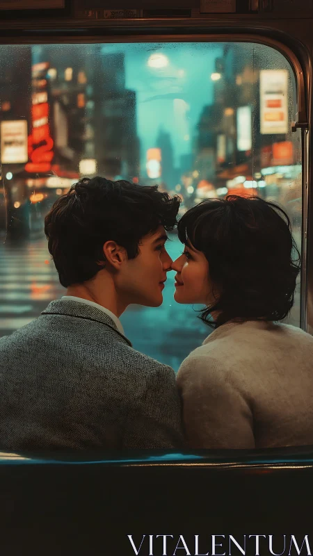 Moonlit Romance Through Rainy Glass in Neon City.