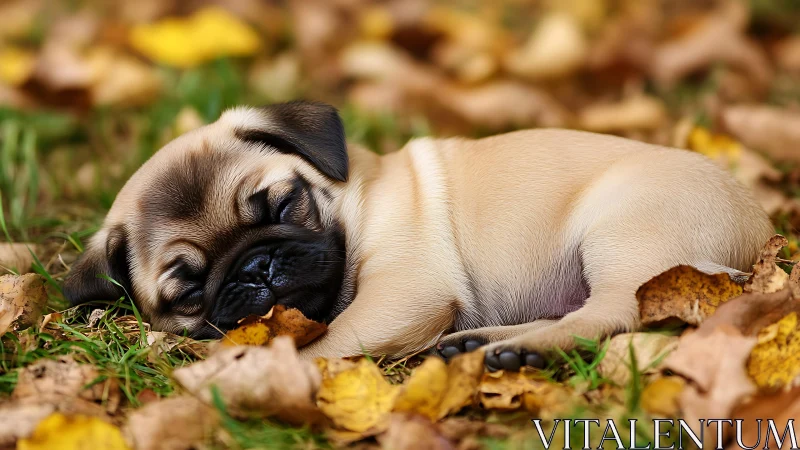 Drowsy puglet dreaming under crunchy autumn leaf blankets.