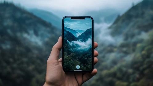 Smartphone framing misty forest valley in mountain view.