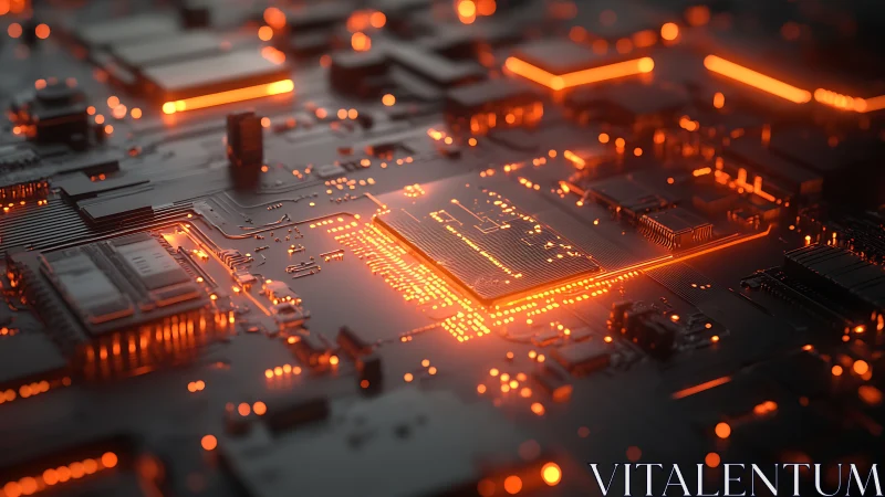 Glowing orange microchip array on futuristic circuitboard.