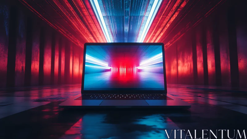 Cyberpunk laptop portal in neon tunnel perspective composition.
