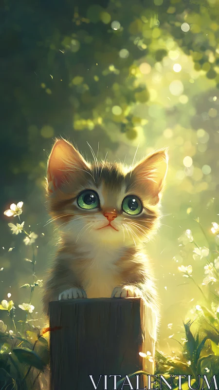 Luminous Kitten Perched on Weathered Wood Post.