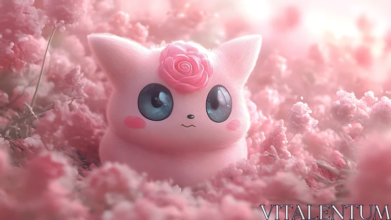 Pastel creature rests in dreamy pink blossom fantasy field