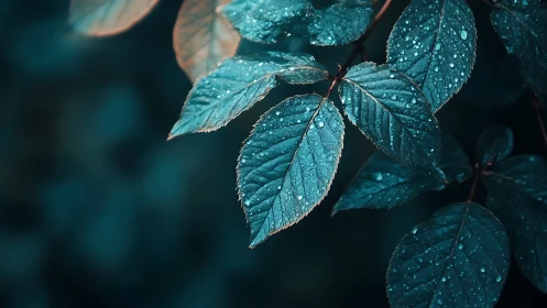 Dew covered teal leaves in soft natural closeup detail.