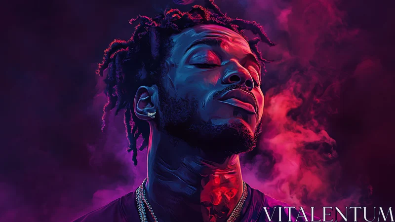 Male portrait in neon lighting with magenta smoke background.