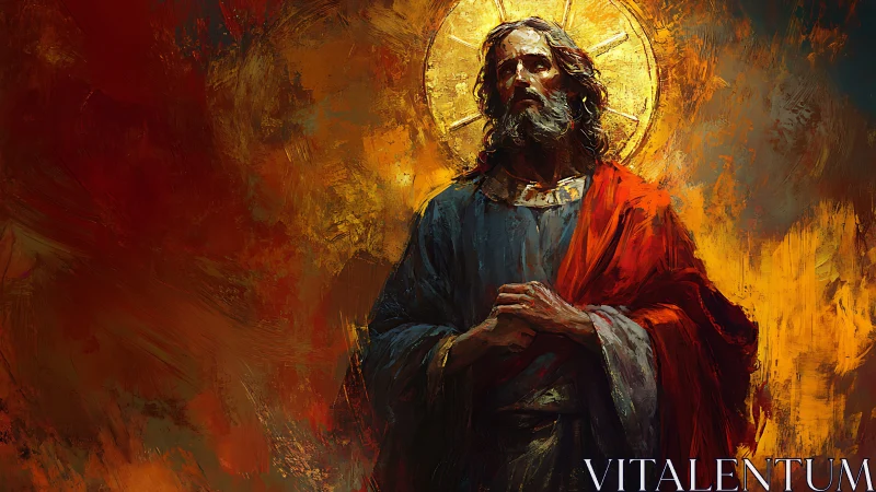 Radiant-robed savior rises from a storm of molten color