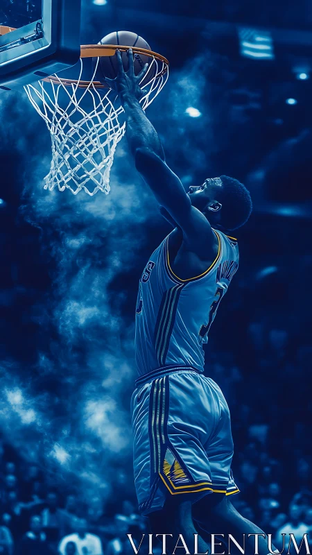 Basketball player performs two-handed dunk under blue filter