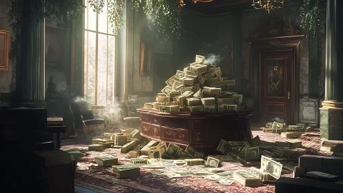 Mountain of cash dominates decaying opulent office interior.