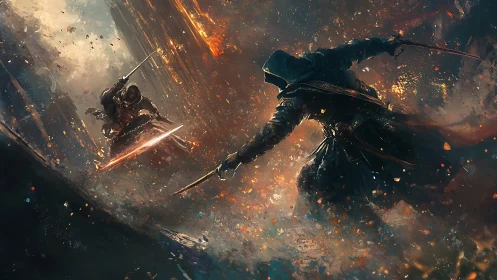 Cloaked duelists clash with flaming blades in storming void.