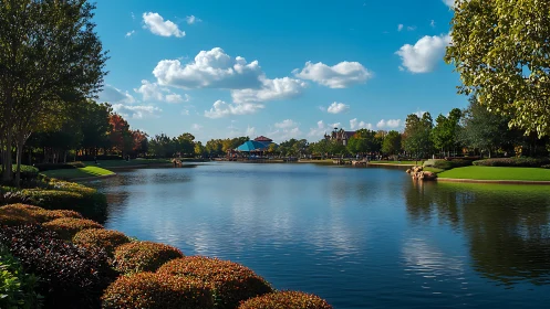 Lakeside park landscape reflects vivid trees and clouds.