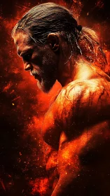 Side profile of muscular male figure in fiery environment.