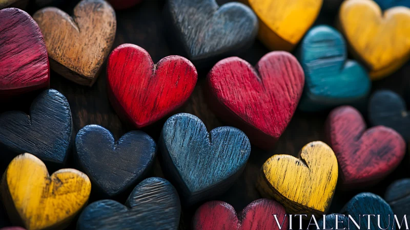 Multicolored Wooden Heart Sculptures with Brushstroke Surface Texture