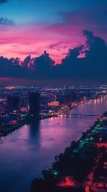 Vertical skyline river view records dusk illumination