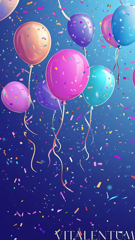 Rendered balloons with confetti particles suspended in gradient blue background