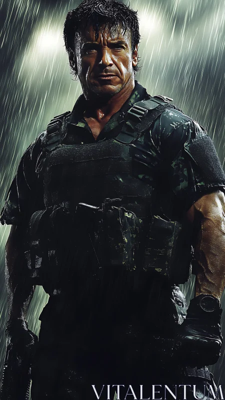 Battle-hardened soldier stands defiant under driving rain