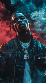 Moody hip-hop portrait framed by neon smoke and light.