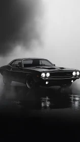 Muscle car emerges through moody fog on wet asphalt at night.