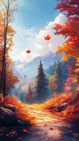 Sunlit autumn forest path leads toward distant snowy peaks