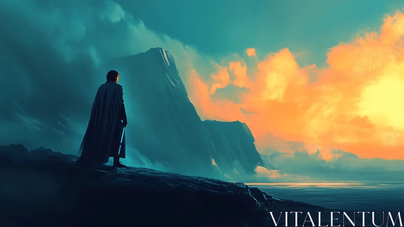 Cloaked wanderer studies blazing coastal sunrise in silence