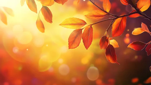 Golden autumn leaves glowing in gentle evening sunlight.