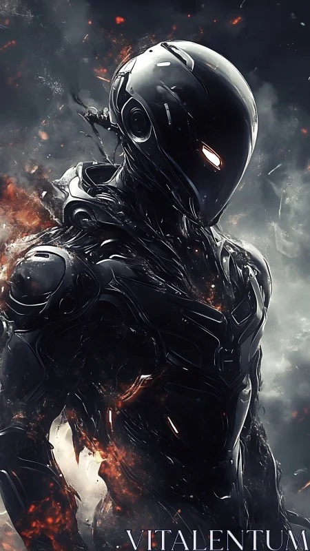 Armored cybernetic entity emerges from embers in high contrast
