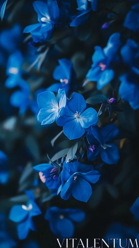Blue Floral Bokeh: Delicate Petals Against Soft-Focus Dark.