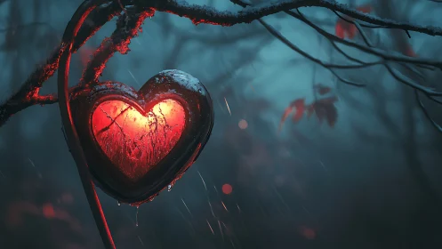 Glowing Heart Suspended on Frosted Branch in Twilight