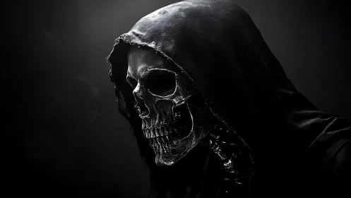 Photorealistic hooded skull portrait in chiaroscuro lighting.