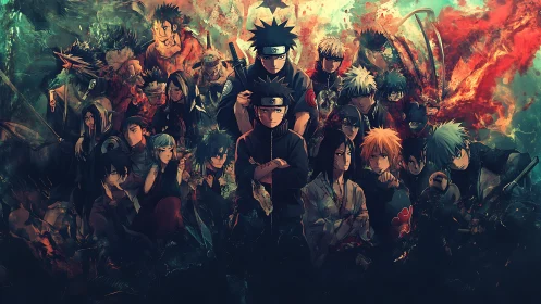 Group portrait of multiple anime ninjas in dense formation.
