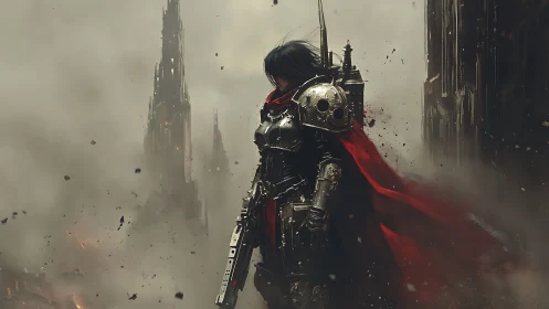 Armored warrior stands amid ruined city shrouded in smoke